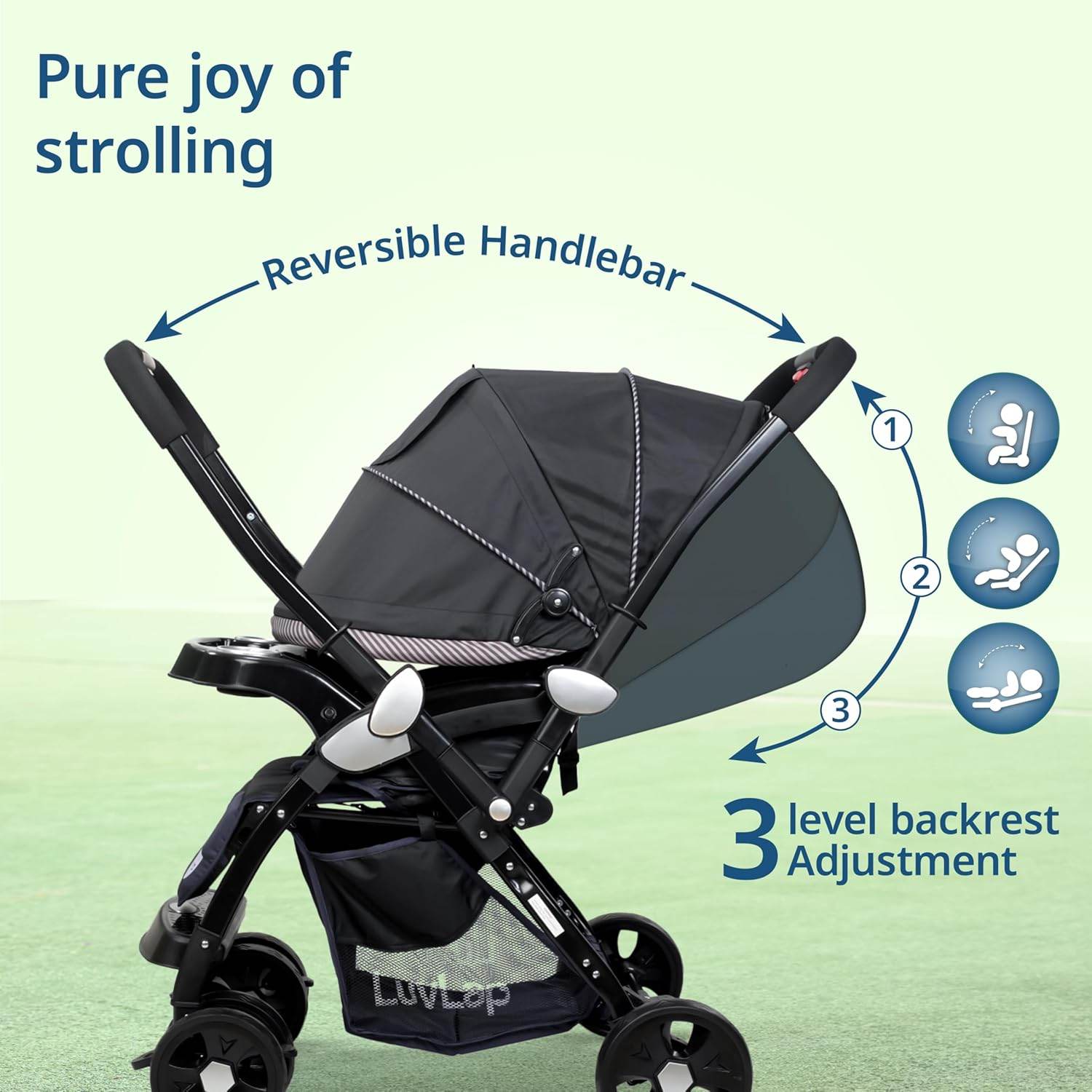 LuvLap Galaxy Infant Stroller – Cushioned Seat, Adjustable Recline & Safety Harness, Easy-Fold Design for 0 to 3 Yrs (Black) - Timbuktoon