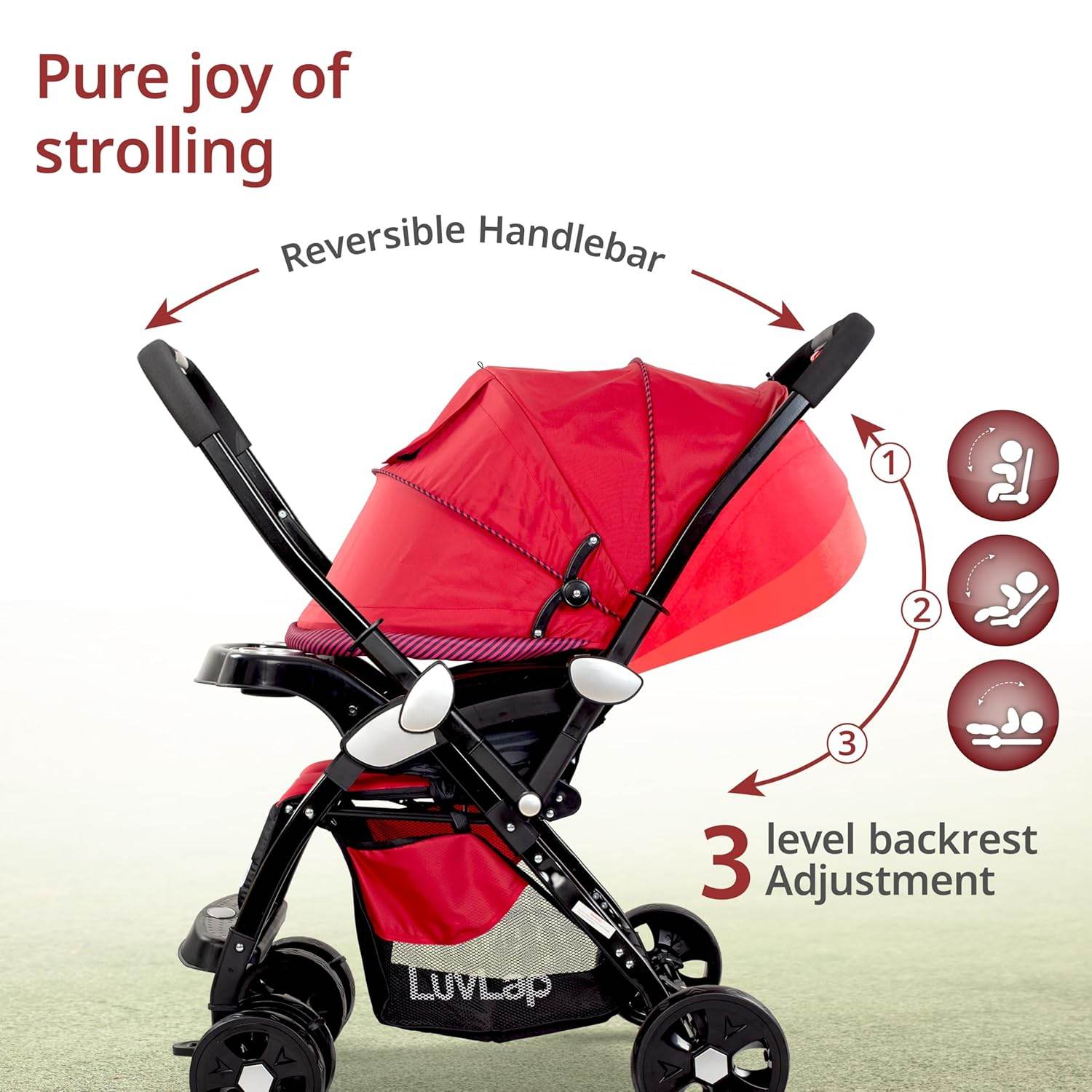 LuvLap Galaxy Baby Stroller – Soft Cushioned Seat, Multi-Level Recline, One-Hand Fold, Safety Harness (Red & Black) - Timbuktoon