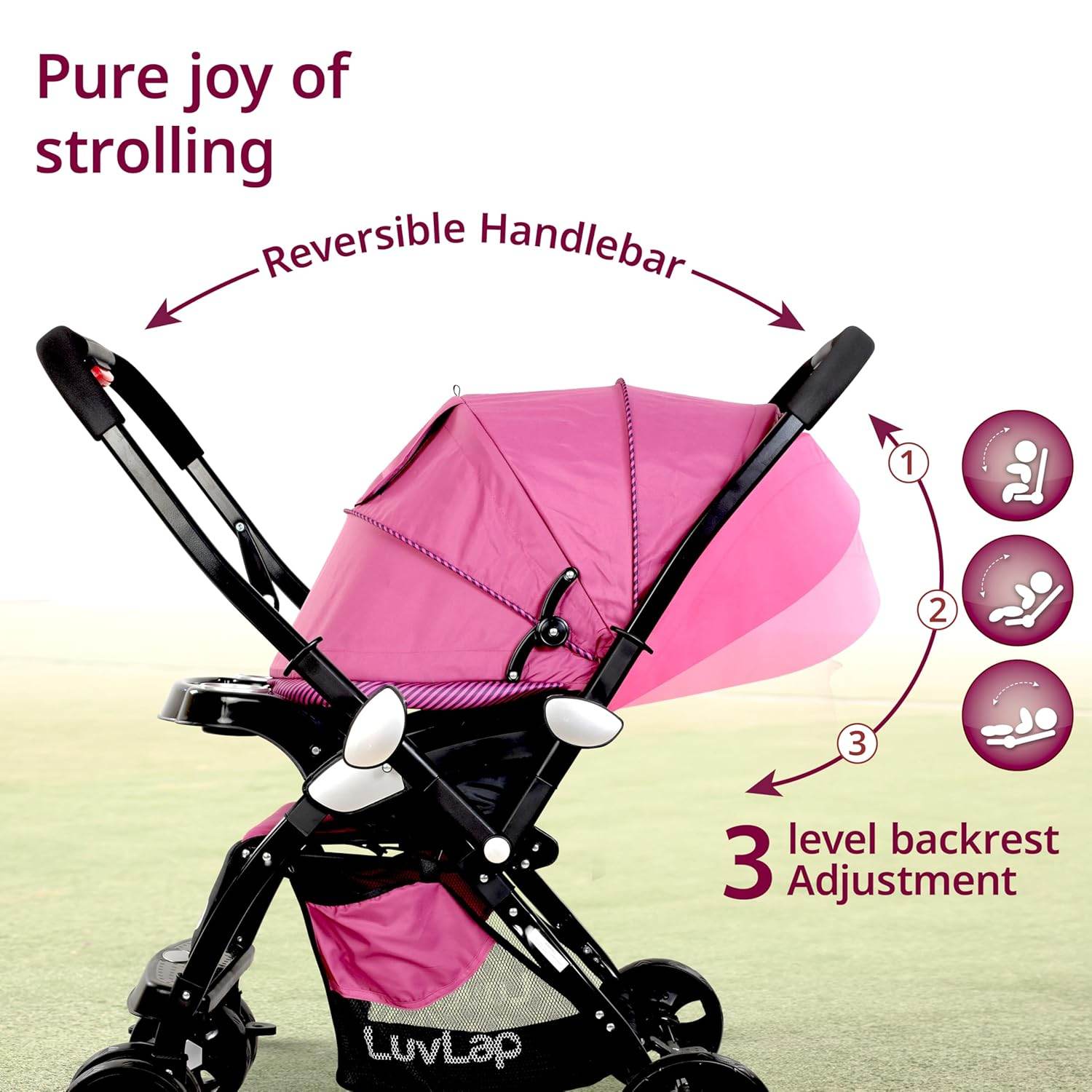 LuvLap Galaxy Infant Stroller – Soft Cushioned Seat, Multi-Level Recline & Secure Harness, Foldable Design for 0 to 3 Yrs (Pink & Black) - Timbuktoon
