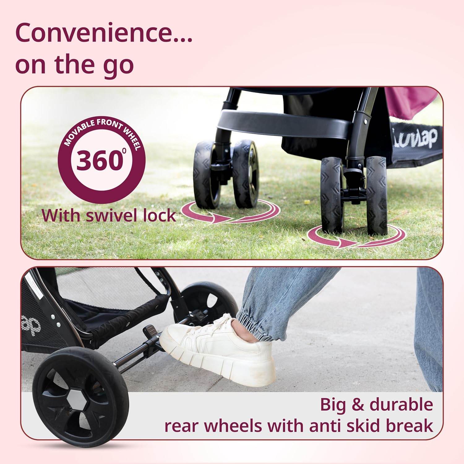 LuvLap Galaxy Infant Stroller – Soft Cushioned Seat, Multi-Level Recline & Secure Harness, Foldable Design for 0 to 3 Yrs (Pink & Black) - Timbuktoon