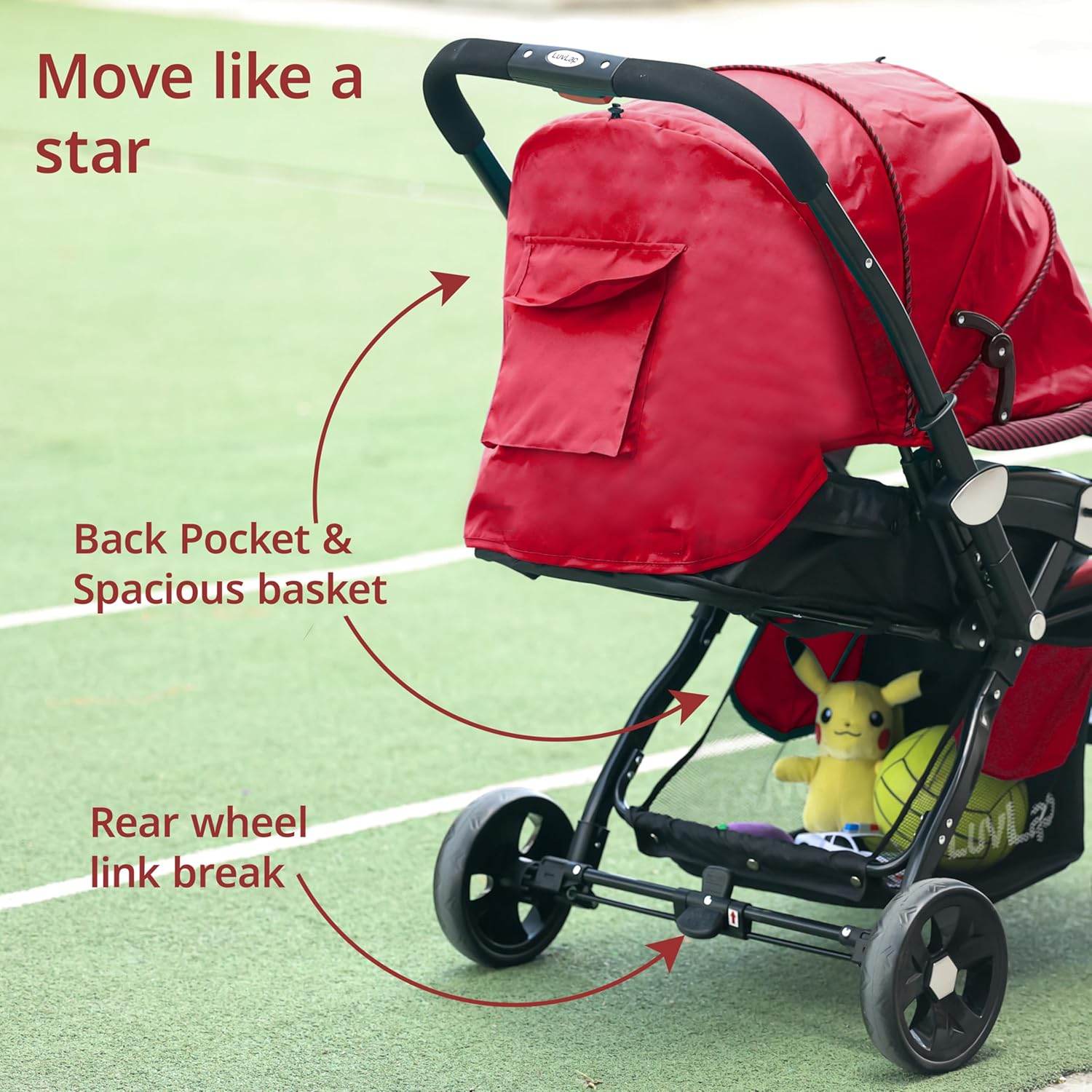 LuvLap Galaxy Baby Stroller – Soft Cushioned Seat, Multi-Level Recline, One-Hand Fold, Safety Harness (Red & Black) - Timbuktoon