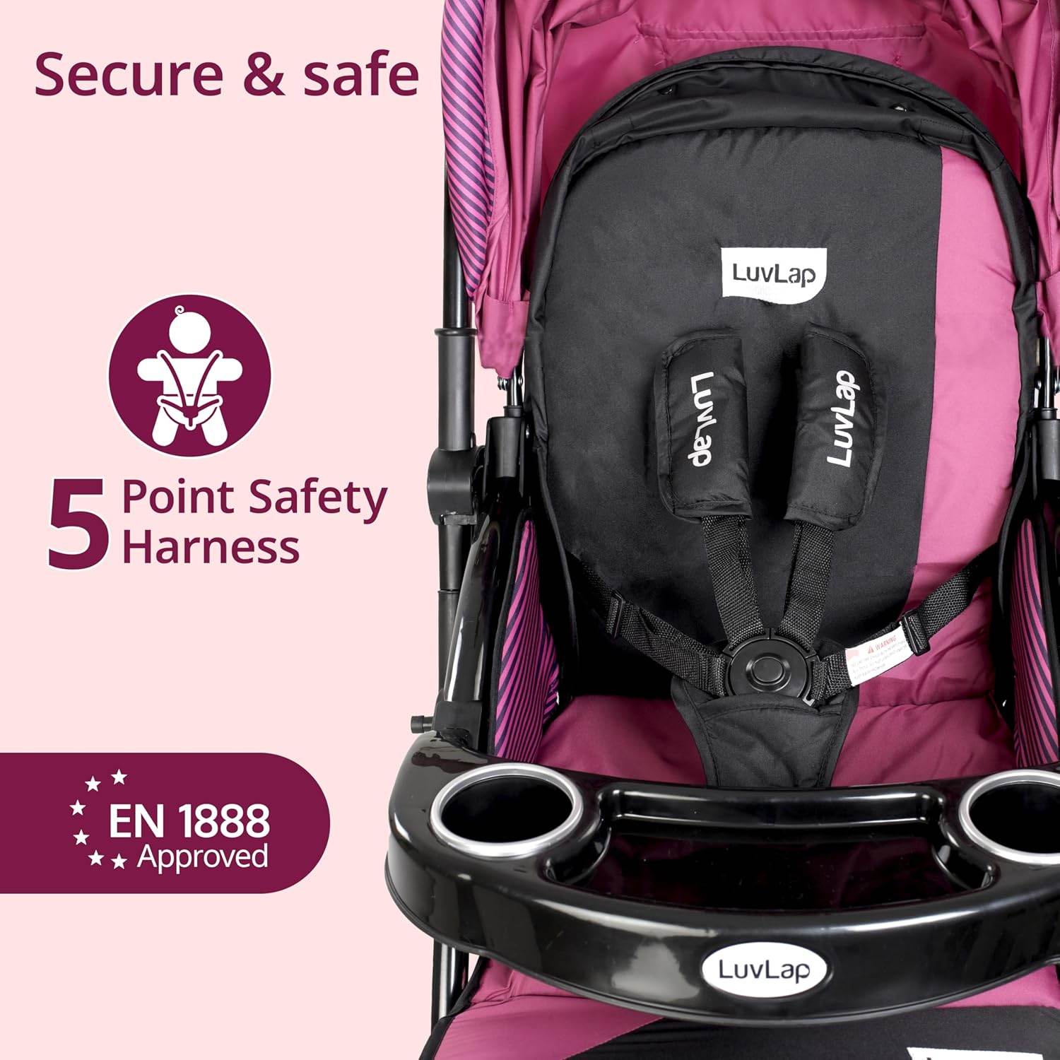 LuvLap Galaxy Infant Stroller – Soft Cushioned Seat, Multi-Level Recline & Secure Harness, Foldable Design for 0 to 3 Yrs (Pink & Black) - Timbuktoon