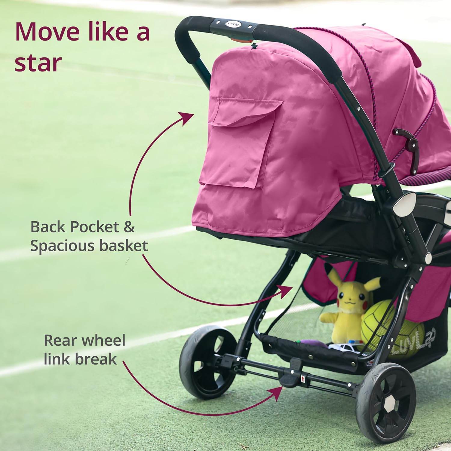 LuvLap Galaxy Infant Stroller – Soft Cushioned Seat, Multi-Level Recline & Secure Harness, Foldable Design for 0 to 3 Yrs (Pink & Black) - Timbuktoon