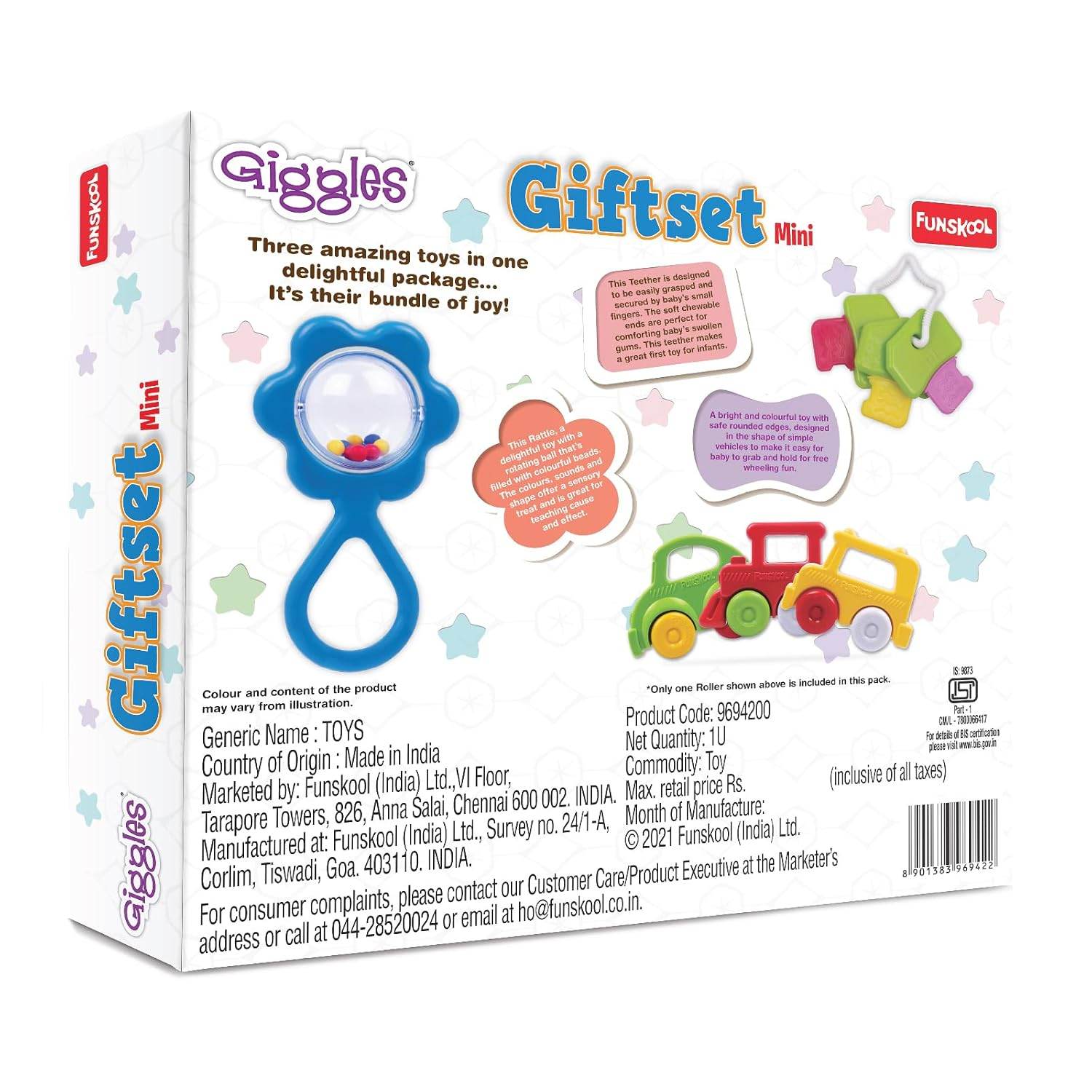 Giggles Funskool Gift Set Mini, Toy Set for Newborn Baby, Infants & Toddlers, Includes Rattle, Teether, Vehicle & Activity Toys With Development, Gift Set for Babies, Multicolor Age 5+ Months - Timbuktoon