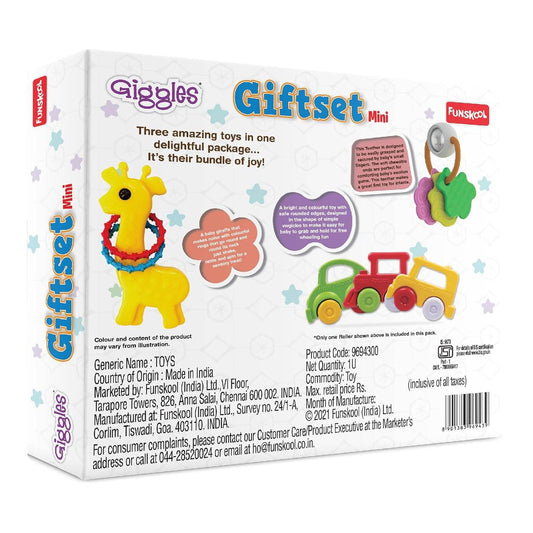 Giggles - Gift Set Mini, Multicolour Baby Toy Gift Set for New Born, Rattle,Teether,Vehicle, 6 Months & Above, Infant Toys - Timbuktoon