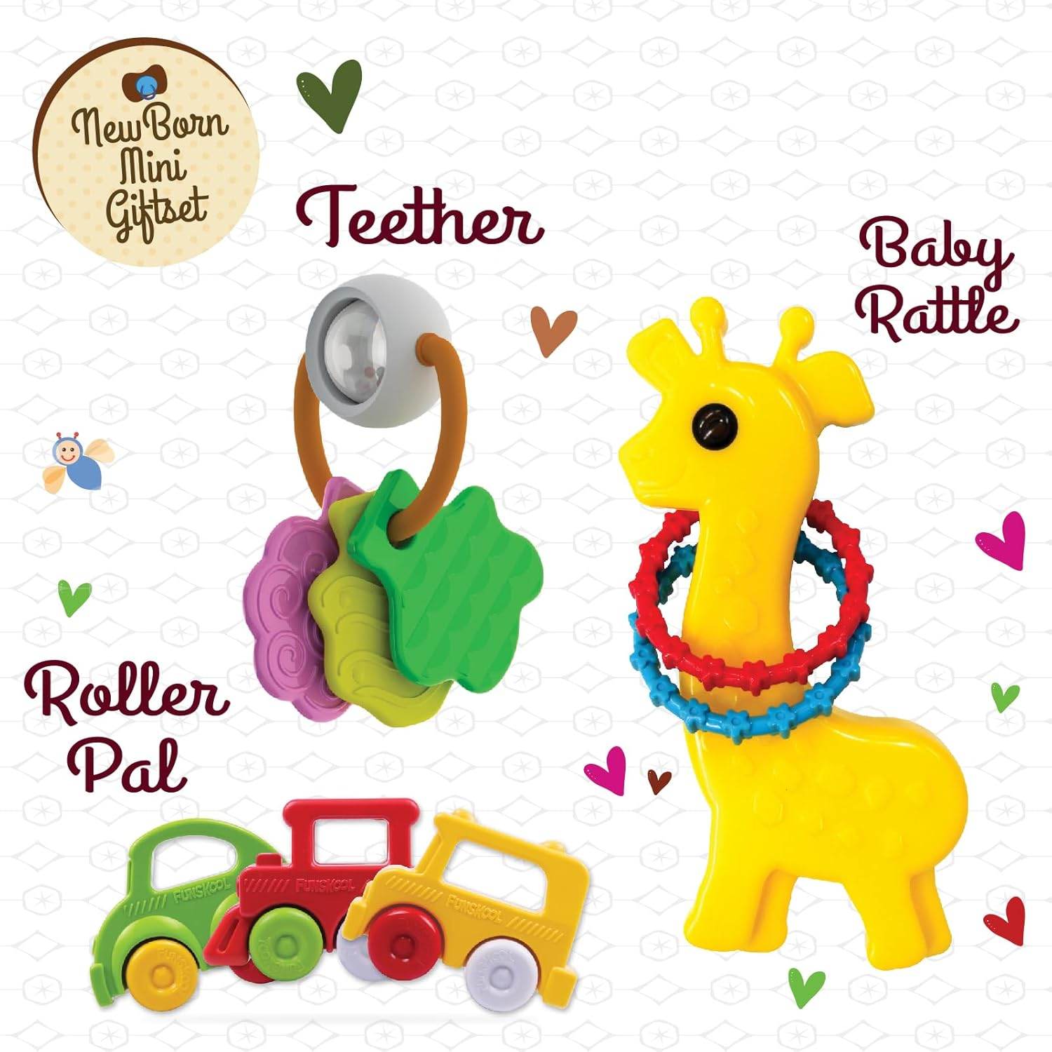 Giggles - Gift Set Mini, Multicolour Baby Toy Gift Set for New Born, Rattle,Teether,Vehicle, 6 Months & Above, Infant Toys - Timbuktoon