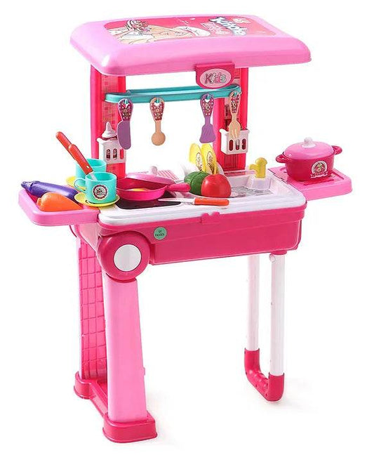 2-in-1 Kitchen Playset with Trolley – Pretend Cooking Kit for Kids Portable Luggage-Style Kitchen Toy with Lights, Sounds & Accessories (Multicolor) - Timbuktoon