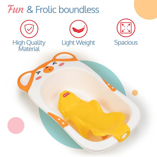 Bubble Baby Bathtub (White & Orange) & Anti Slip Baby Plastic Bath Chair (Yellow) - Timbuktoon