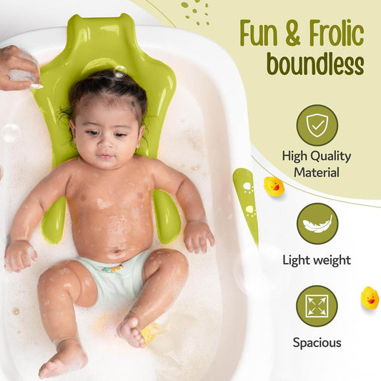 LuvLap Bubble Baby Bathtub (White & Green) & Anti Slip Baby Plastic Bath Chair (Green), Bathtub with Drain Plug, Baby Bath Seat/Sling with Non Slip Suction Base, Baby Bathing Essential - Timbuktoon