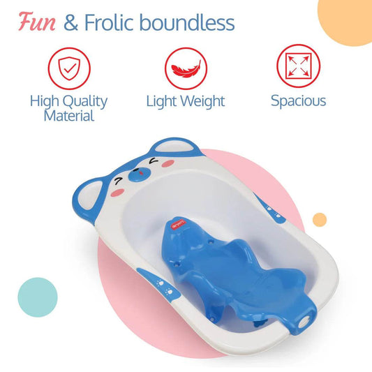 Luvlap Anti-skid baby bath chair with suction support for secure bathing time. Comfortable sling seat for newborns and toddlers in blue color. - Timbuktoon