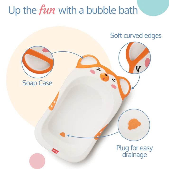 Bubble Baby Bathtub (White & Orange) & Anti Slip Baby Plastic Bath Chair (Yellow) - Timbuktoon