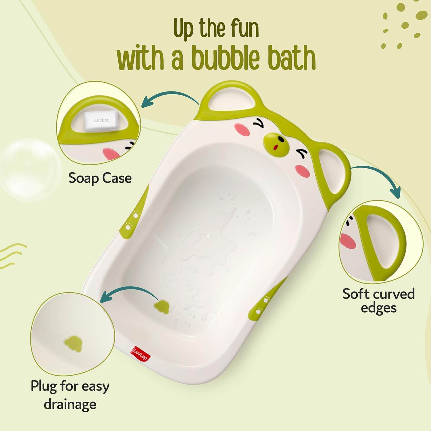 LuvLap Bubble Baby Bathtub (White & Green) & Anti Slip Baby Plastic Bath Chair (Green), Bathtub with Drain Plug, Baby Bath Seat/Sling with Non Slip Suction Base, Baby Bathing Essential - Timbuktoon
