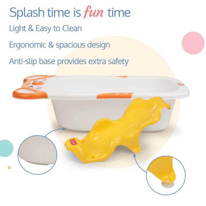 Bubble Baby Bathtub (White & Orange) & Anti Slip Baby Plastic Bath Chair (Yellow) - Timbuktoon