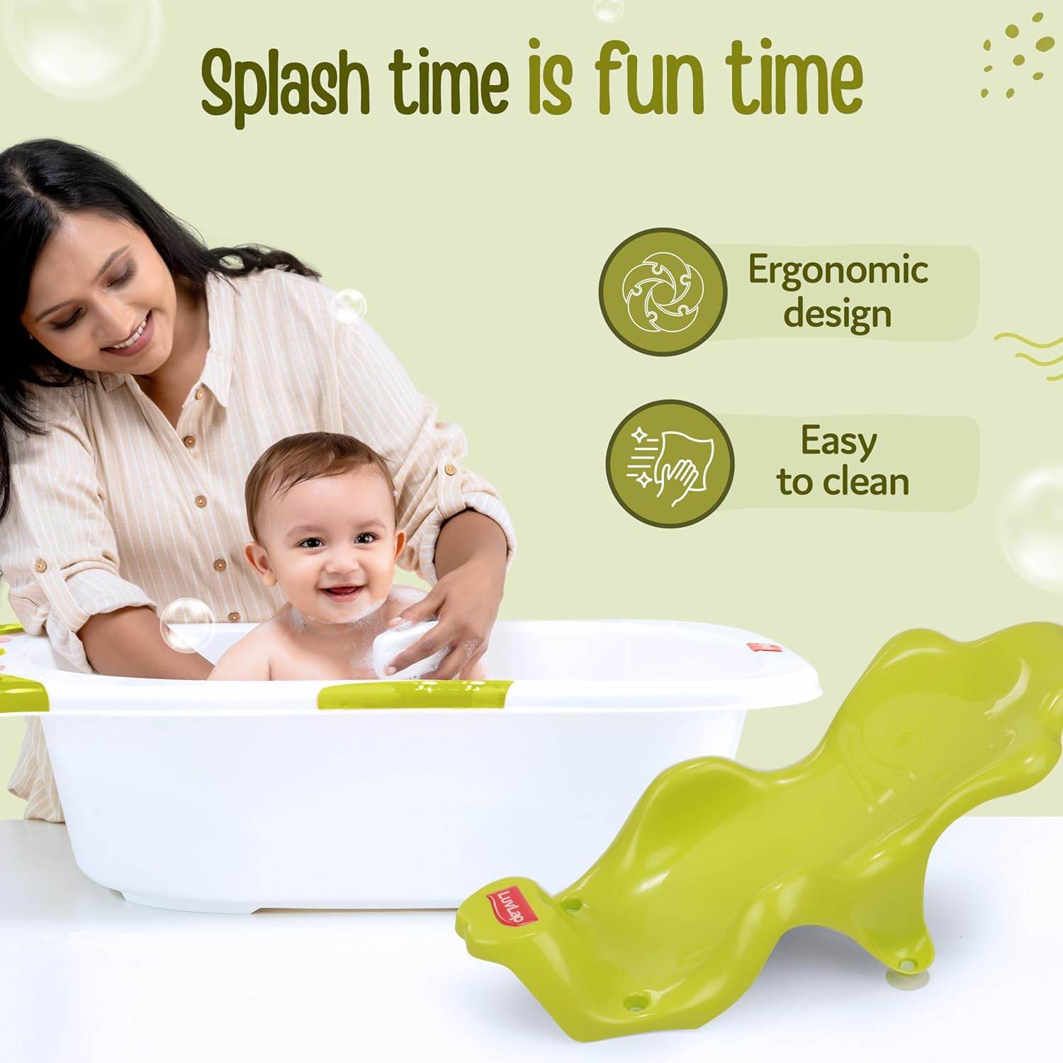 LuvLap Bubble Baby Bathtub (White & Green) & Anti Slip Baby Plastic Bath Chair (Green), Bathtub with Drain Plug, Baby Bath Seat/Sling with Non Slip Suction Base, Baby Bathing Essential - Timbuktoon
