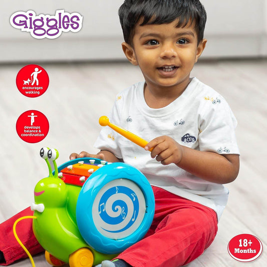 Giggles Funskool Pull Along Musical Snail, with Xylophone & Drum, Activity & Learning Toys for Babies, Toddlers, Encourage Walking, Improve Balance, Multicolour, Gift Set for Kids, Ages 12+ Months - Timbuktoon