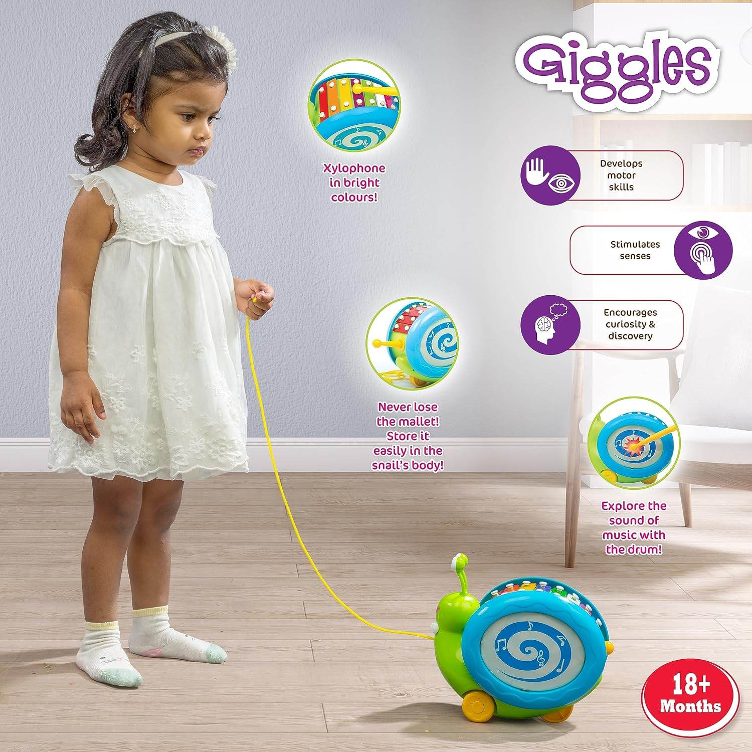 Giggles Funskool Pull Along Musical Snail, with Xylophone & Drum, Activity & Learning Toys for Babies, Toddlers, Encourage Walking, Improve Balance, Multicolour, Gift Set for Kids, Ages 12+ Months - Timbuktoon