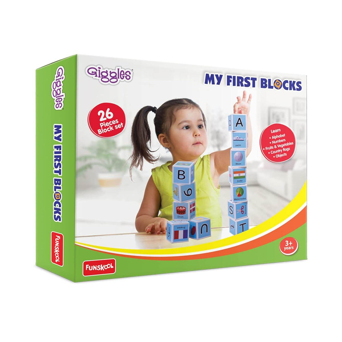 Funskool Giggles - My First Block,Learning Acitvity,Motor Skills, Learn Letters and Numbers, Fruits & Vegetables, Country Flags, Mutlicolor,for 3 Years and Above. - Timbuktoon