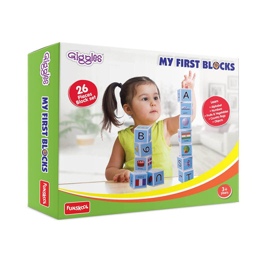 Funskool Giggles - My First Block,Learning Acitvity,Motor Skills, Learn Letters and Numbers, Fruits & Vegetables, Country Flags, Mutlicolor,for 3 Years and Above. - Timbuktoon