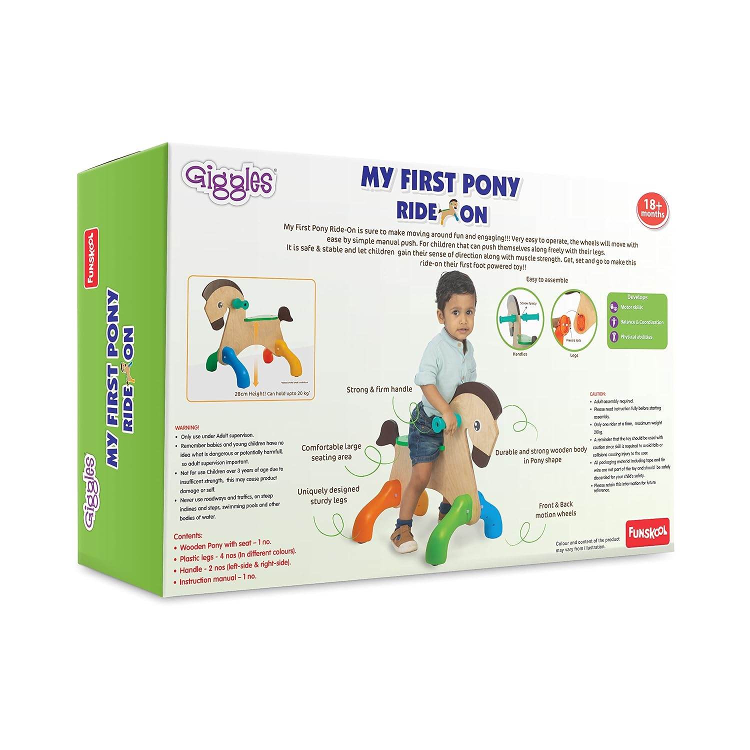 Funskool Giggles - My First Pony, Ride On Toy, Wooden, Ride-on for Toddlers, 18 Months +, Front and Back Movement, Motor Skills and Sense of Direction, Indoors - Timbuktoon