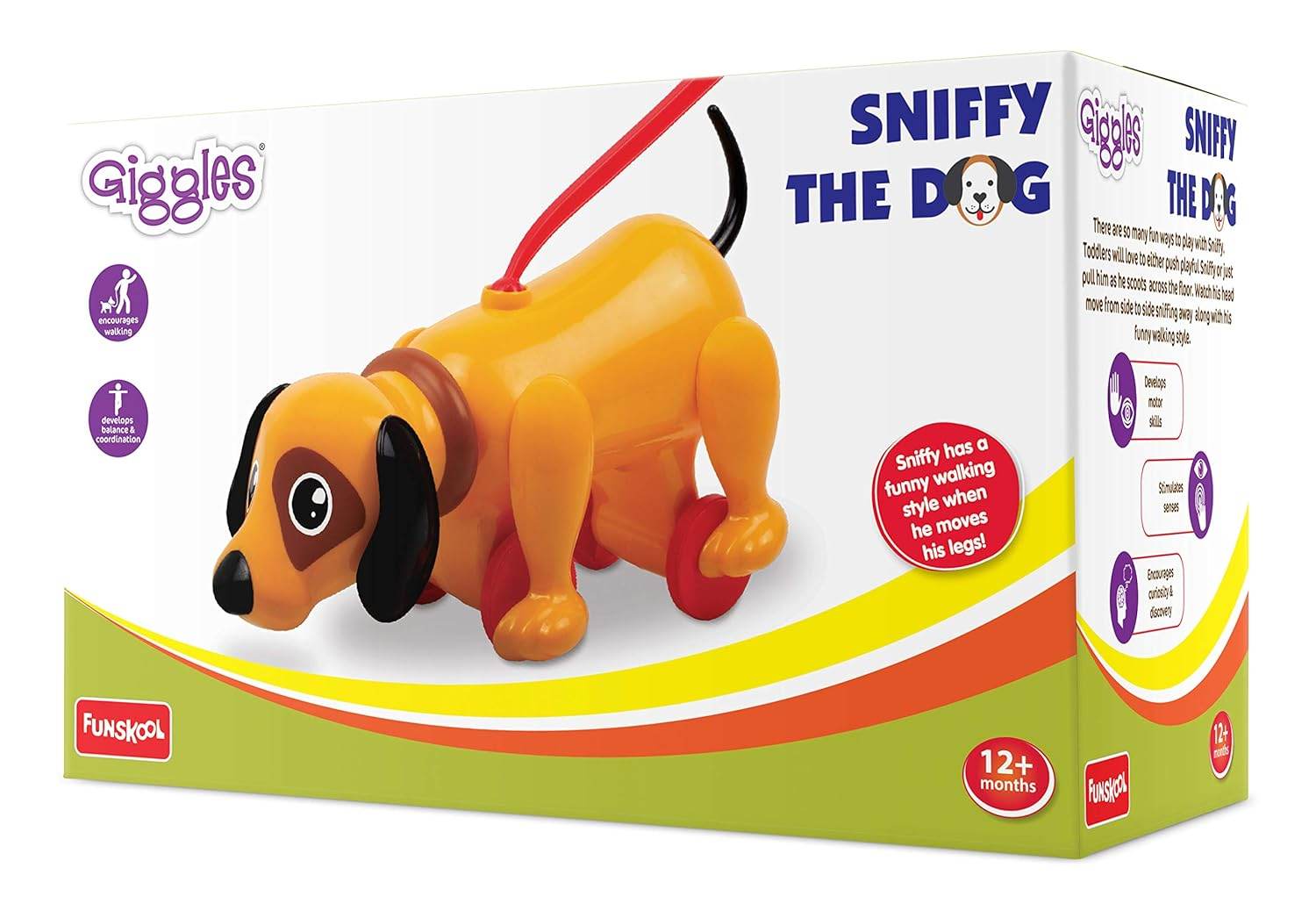 Funskool Giggles - Sniffy The Dog , Pull along toy , Head bobs,Tail wags,Encourages Walking , Toy for 1 year old, Infant and Preschool Toys, 12 months & above - Timbuktoon