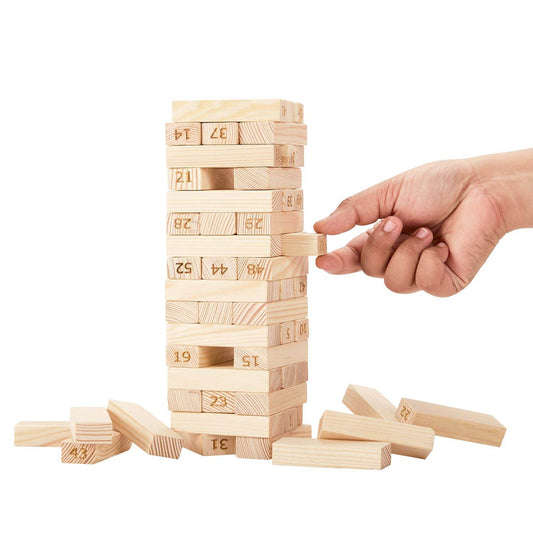 Simmar Wooden Stacking Tower Game – 54 Premium Hardwood Blocks & 4 Dice | Fun Party & Family Game for 6+ Years - Timbuktoon
