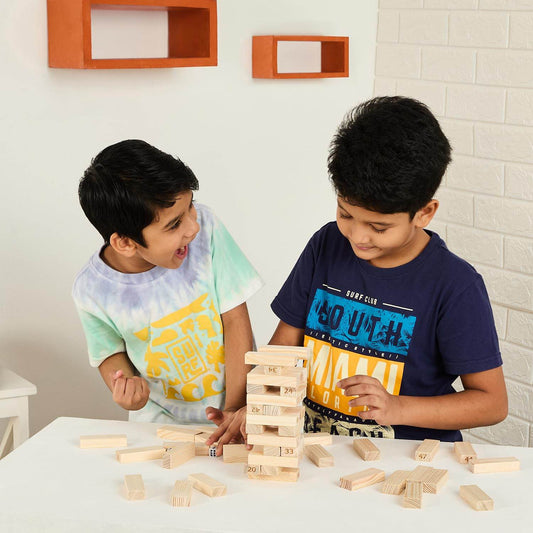 Simmar Wooden Stacking Tower Game – 54 Premium Hardwood Blocks & 4 Dice | Fun Party & Family Game for 6+ Years - Timbuktoon