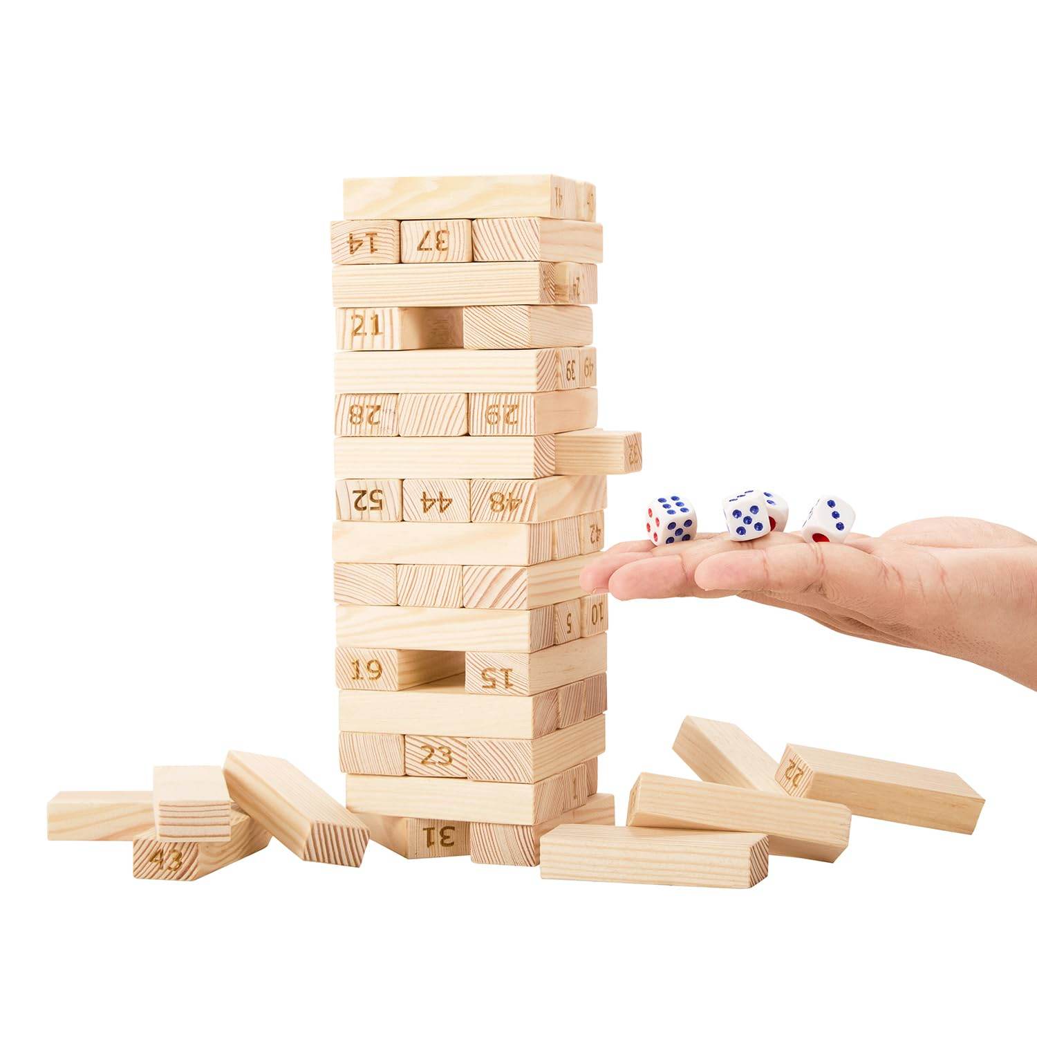 Simmar Wooden Stacking Tower Game – 54 Premium Hardwood Blocks & 4 Dice | Fun Party & Family Game for 6+ Years - Timbuktoon