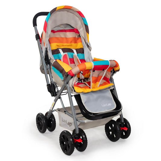 LuvLap Sunshine Stroller for Infants & Toddlers – Multi-Position Backrest, 360° Front Wheels, Safety Harness & Storage Basket (Stripes) - Timbuktoon