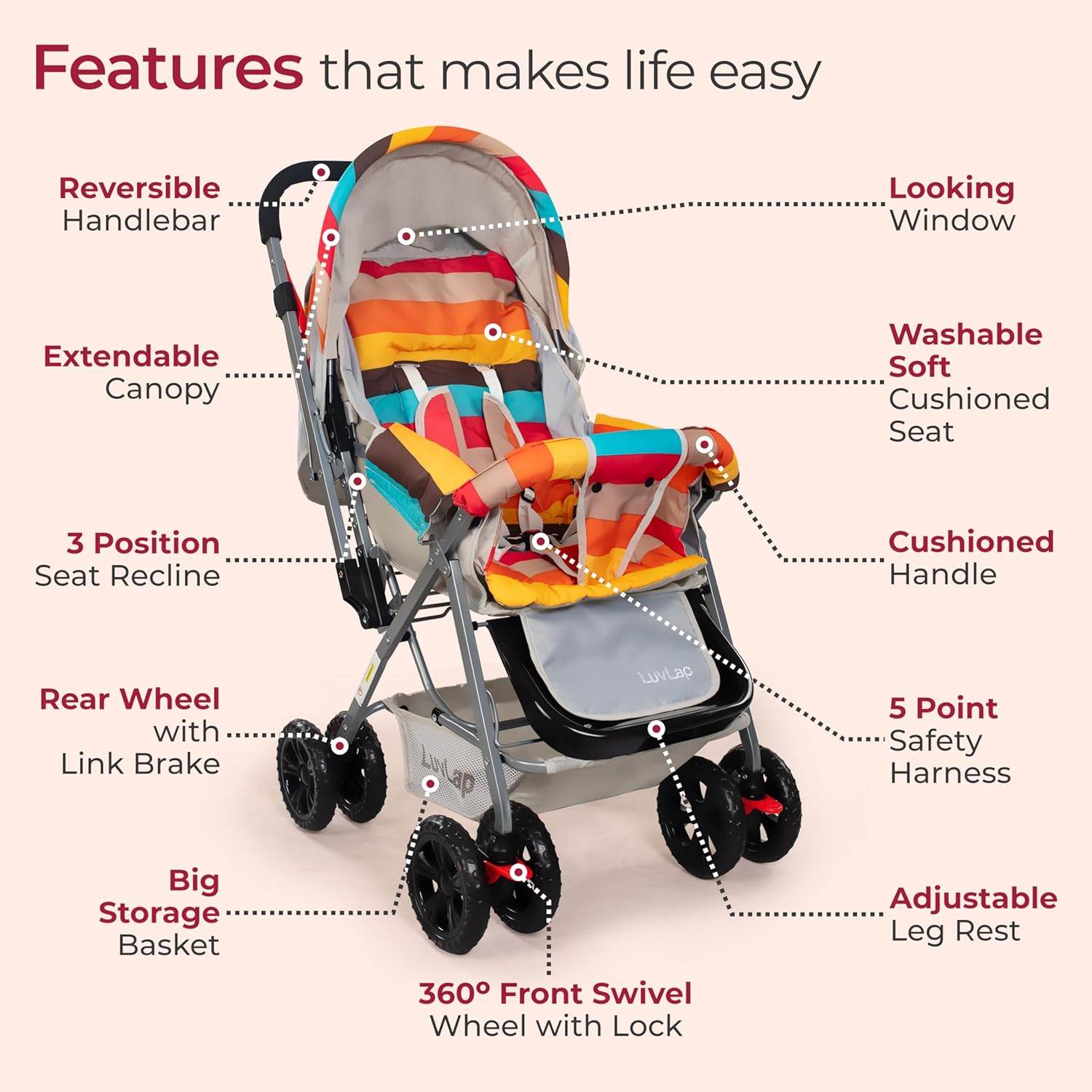 LuvLap Sunshine Stroller for Infants & Toddlers – Multi-Position Backrest, 360° Front Wheels, Safety Harness & Storage Basket (Stripes) - Timbuktoon