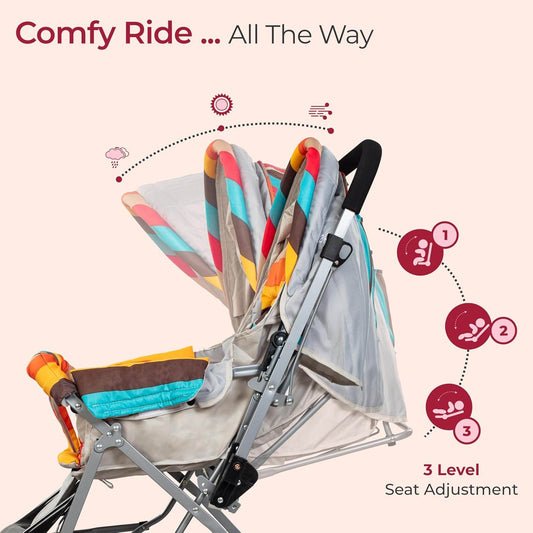 LuvLap Sunshine Stroller for Infants & Toddlers – Multi-Position Backrest, 360° Front Wheels, Safety Harness & Storage Basket (Stripes) - Timbuktoon