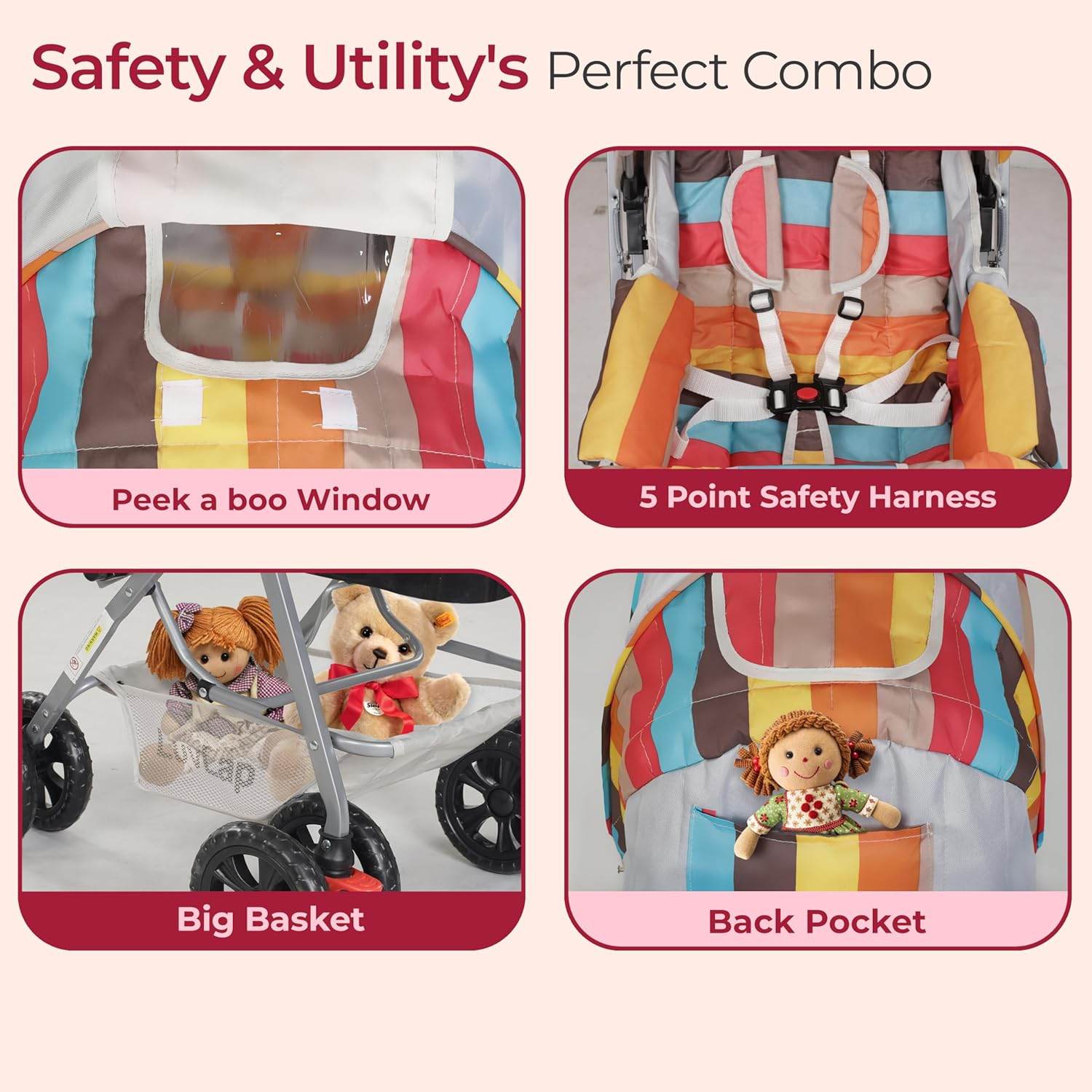 LuvLap Sunshine Stroller for Infants & Toddlers – Multi-Position Backrest, 360° Front Wheels, Safety Harness & Storage Basket (Stripes) - Timbuktoon