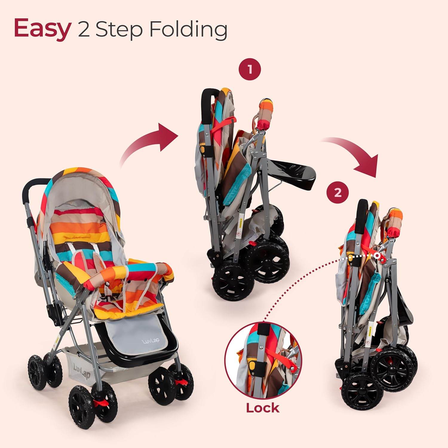 LuvLap Sunshine Stroller for Infants & Toddlers – Multi-Position Backrest, 360° Front Wheels, Safety Harness & Storage Basket (Stripes) - Timbuktoon