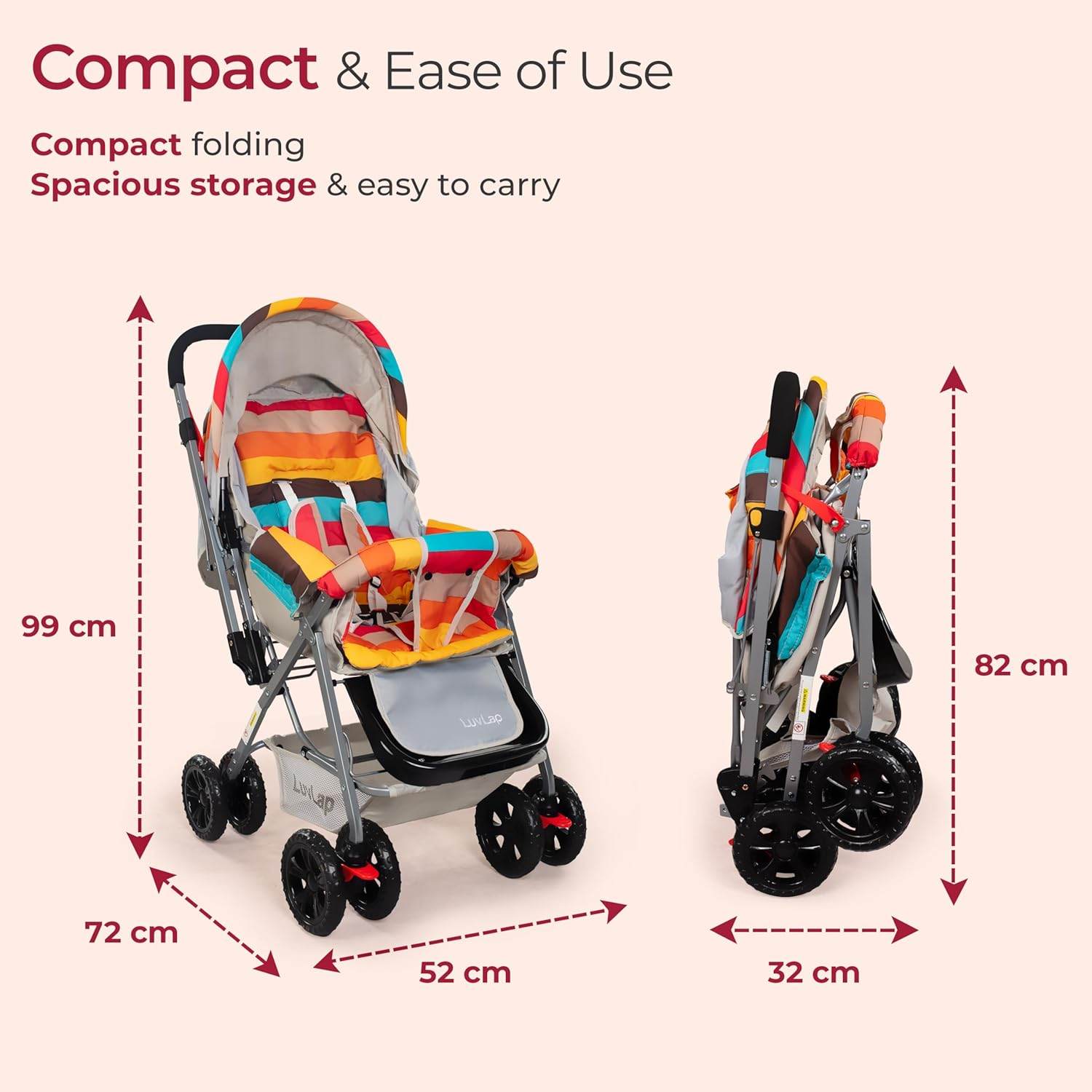 LuvLap Sunshine Stroller for Infants & Toddlers – Multi-Position Backrest, 360° Front Wheels, Safety Harness & Storage Basket (Stripes) - Timbuktoon