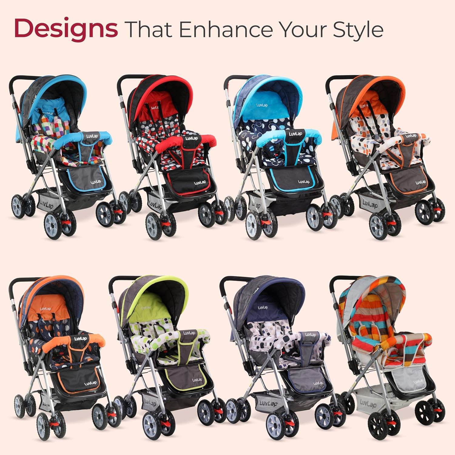 LuvLap Sunshine Stroller for Infants & Toddlers – Multi-Position Backrest, 360° Front Wheels, Safety Harness & Storage Basket (Stripes) - Timbuktoon