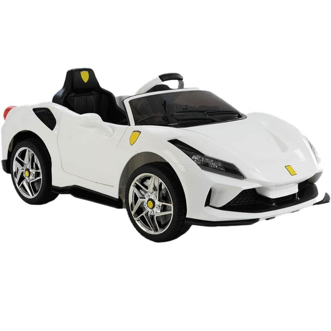 Toy House 127 7.6A Sports Ride-On Car for Kids – White Stylish battery-powered car with Bluetooth music, LED lights, remote control & 2 opening doors. A fun and feature-packed ride for little drivers! - Timbuktoon