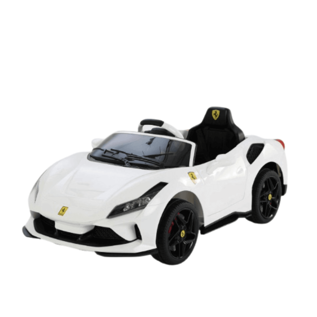 Toy House 127 7.6A Sports Ride-On Car for Kids – White Stylish battery-powered car with Bluetooth music, LED lights, remote control & 2 opening doors. A fun and feature-packed ride for little drivers! - Timbuktoon
