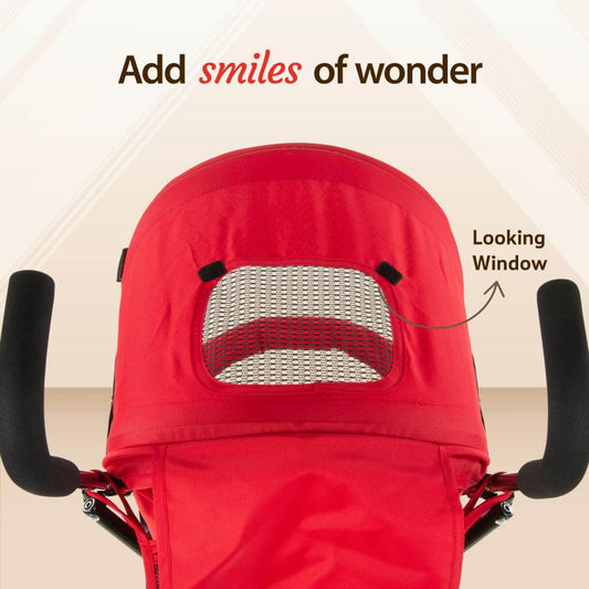 LuvLap Tutti Fruti Stroller for 6–36 Months – Foldable, Portable Pram with 5-Point Strap, Reclining Seat & Sunshade (Red) - Timbuktoon