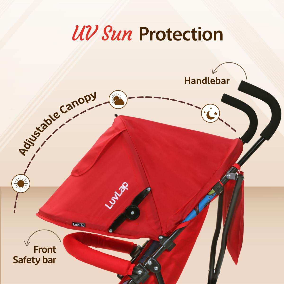 LuvLap Tutti Fruti Stroller for 6–36 Months – Foldable, Portable Pram with 5-Point Strap, Reclining Seat & Sunshade (Red) - Timbuktoon