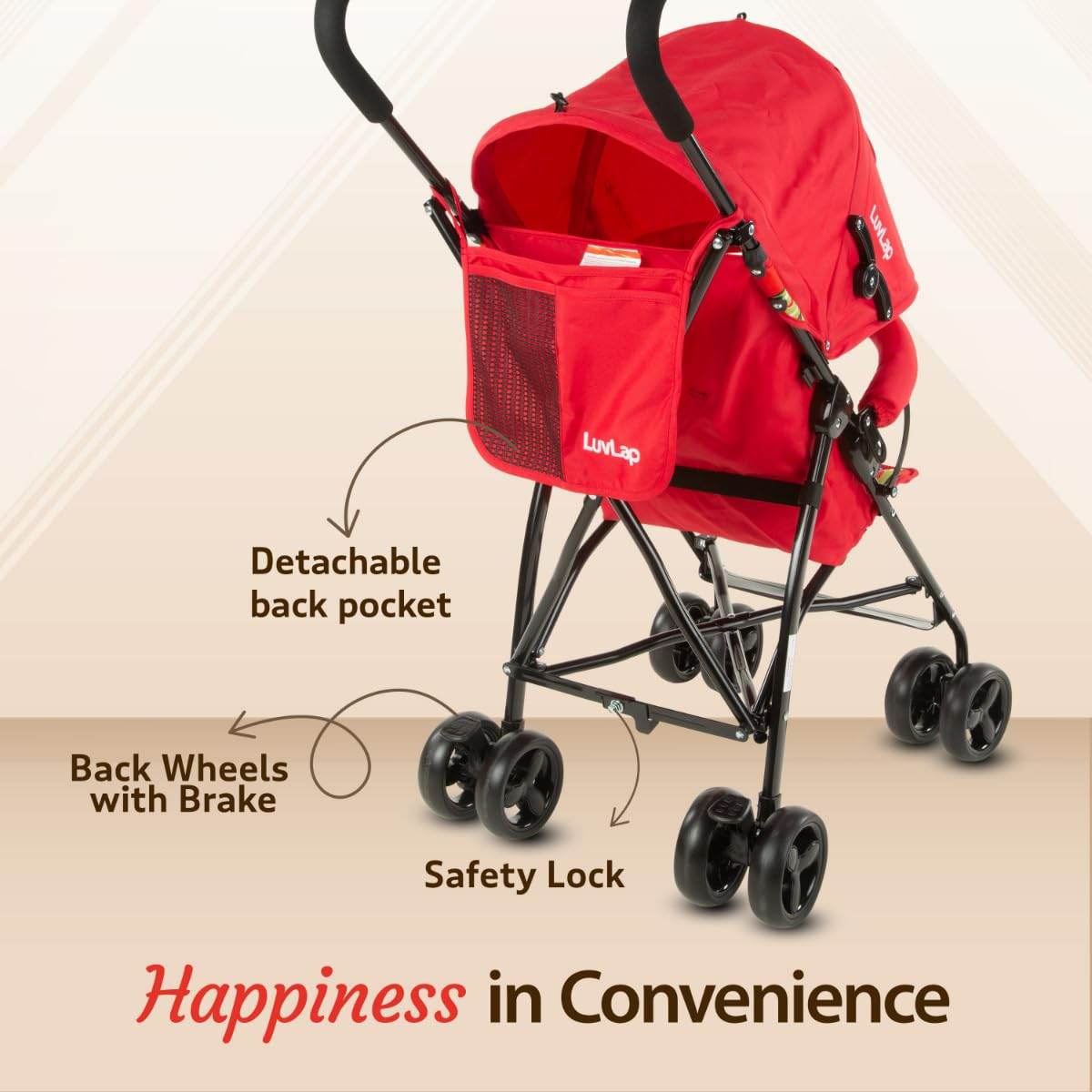 LuvLap Tutti Fruti Stroller for 6–36 Months – Foldable, Portable Pram with 5-Point Strap, Reclining Seat & Sunshade (Red) - Timbuktoon