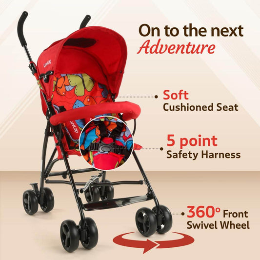 LuvLap Tutti Fruti Stroller for 6–36 Months – Foldable, Portable Pram with 5-Point Strap, Reclining Seat & Sunshade (Red) - Timbuktoon