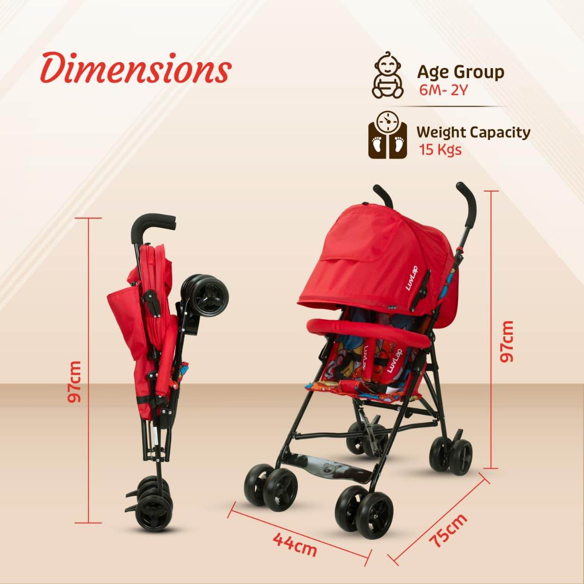 LuvLap Tutti Fruti Stroller for 6–36 Months – Foldable, Portable Pram with 5-Point Strap, Reclining Seat & Sunshade (Red) - Timbuktoon