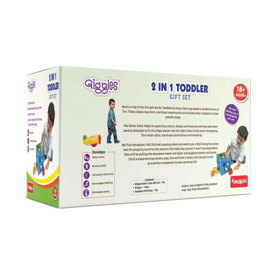 Giggles- 2 in 1 Toddler Multicolour Giftset,Shape Sorting Cube and Aeroplane Pull Along Toy, Develops Motor Skills,18 Months and Above, Infant & Pre-School Toys - Timbuktoon