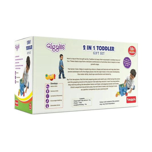 Giggles- 2 in 1 Toddler Multicolour Giftset,Shape Sorting Cube and Aeroplane Pull Along Toy, Develops Motor Skills,18 Months and Above, Infant & Pre-School Toys - Timbuktoon