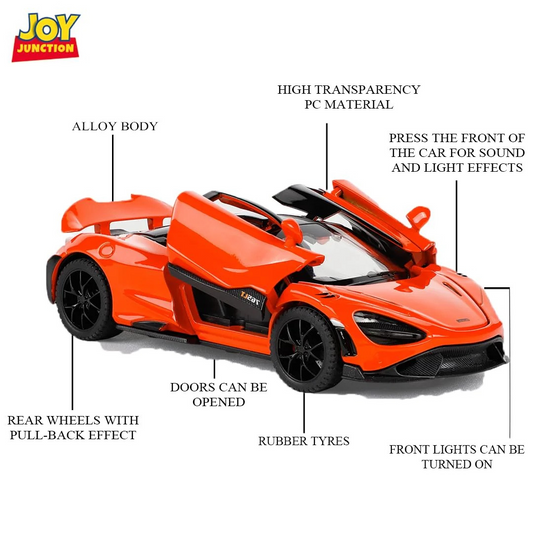 Joy Junction 1:32 Scale McLaren 765LT Die-cast Pull-Back Car – Alloy Model Toy with Openable Doors, Lights & Sound | Orange Sports Car for Kids 3+ & Collectors (Orange)