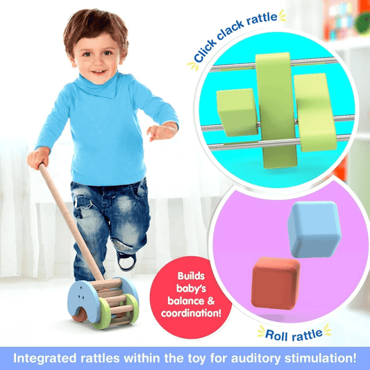 Funskool Giggles Rattle Strider Wooden,Push Along Toy, with Detachable Handle, Ideal for Toddlers, Playful Kid Toy, 18months and Above - Timbuktoon