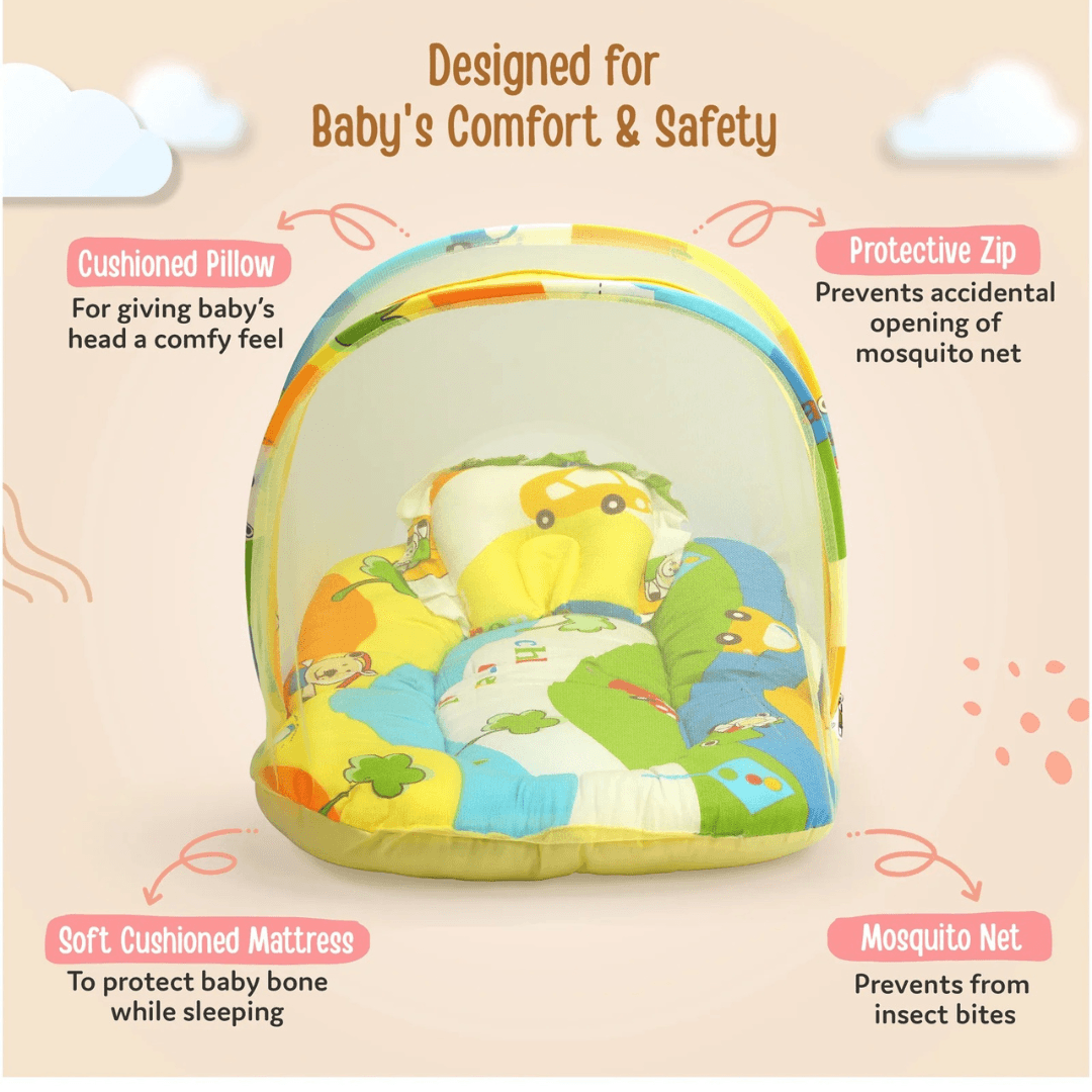 Luv Lap LuvLap Baby Mattress with Mosquito Net, Thick Base Bedding Set with Soft Pillow and Zip Closure, Suitable for Babies 6 Months+, Fun Cars Print Design, Size 75x40x40 cm Multicolor - Timbuktoon