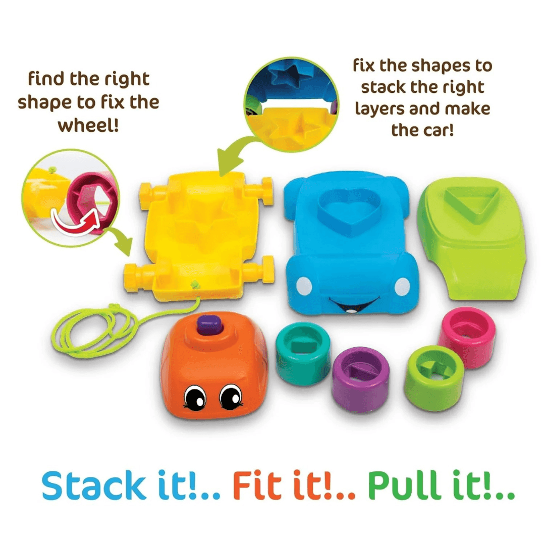 Giggles - Stack A Car, 2 in 1 Pull Along Toy, Walking, Shape Sorting, Pretend Play, 12 Months & Above, Infant and Preschool Toys, Multicolour - Timbuktoon