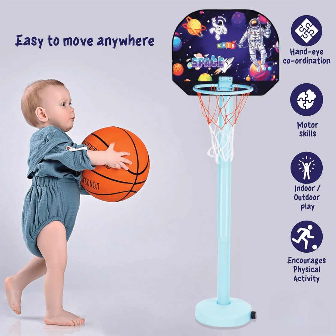 Space Basketball Set for Kids | 5-Level Adjustable Height with Stand & Ball Indoor & Outdoor Sports Toy for Ages 2+ | Easy Setup | Ideal Birthday Gift - Timbuktoon