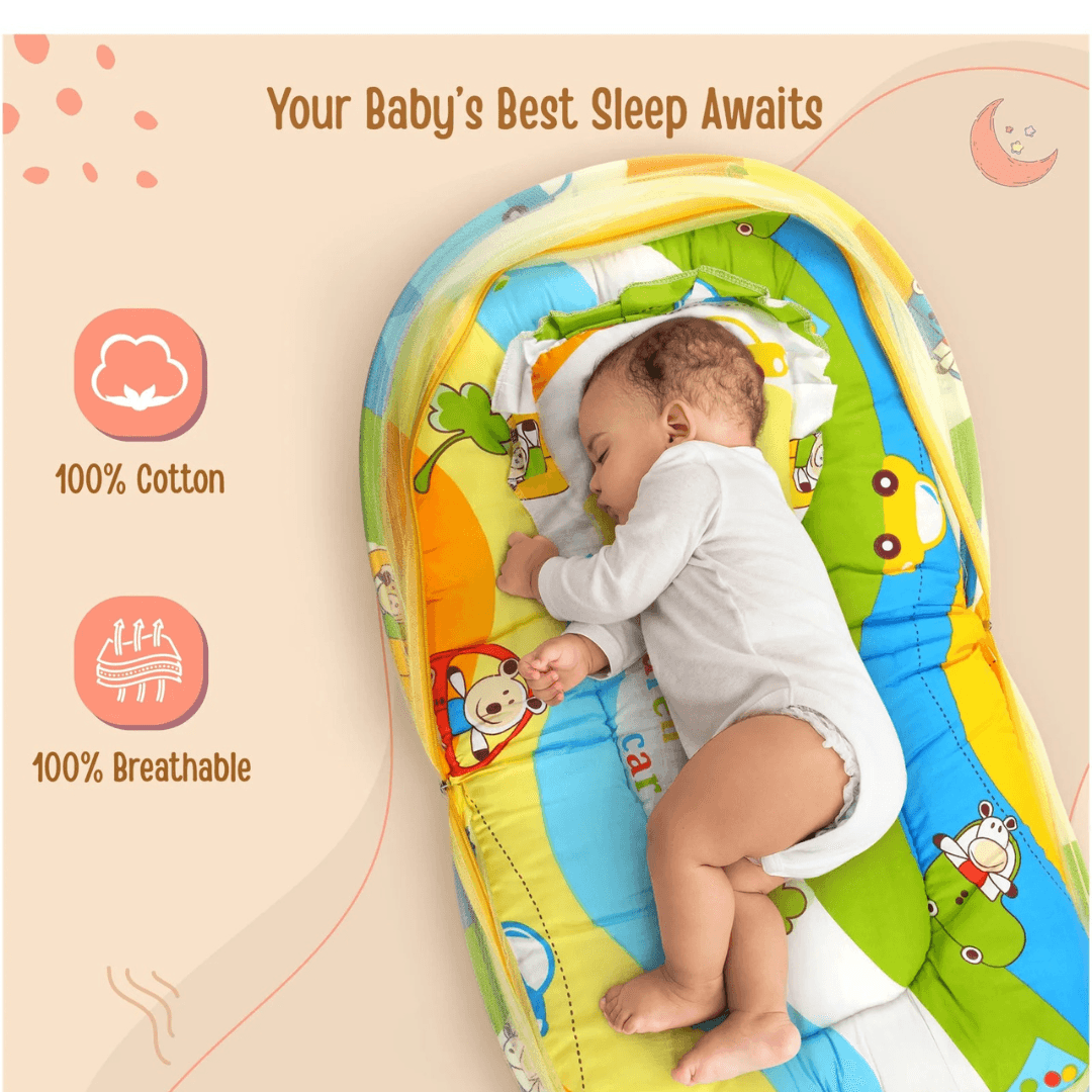 Luv Lap LuvLap Baby Mattress with Mosquito Net, Thick Base Bedding Set with Soft Pillow and Zip Closure, Suitable for Babies 6 Months+, Fun Cars Print Design, Size 75x40x40 cm Multicolor - Timbuktoon