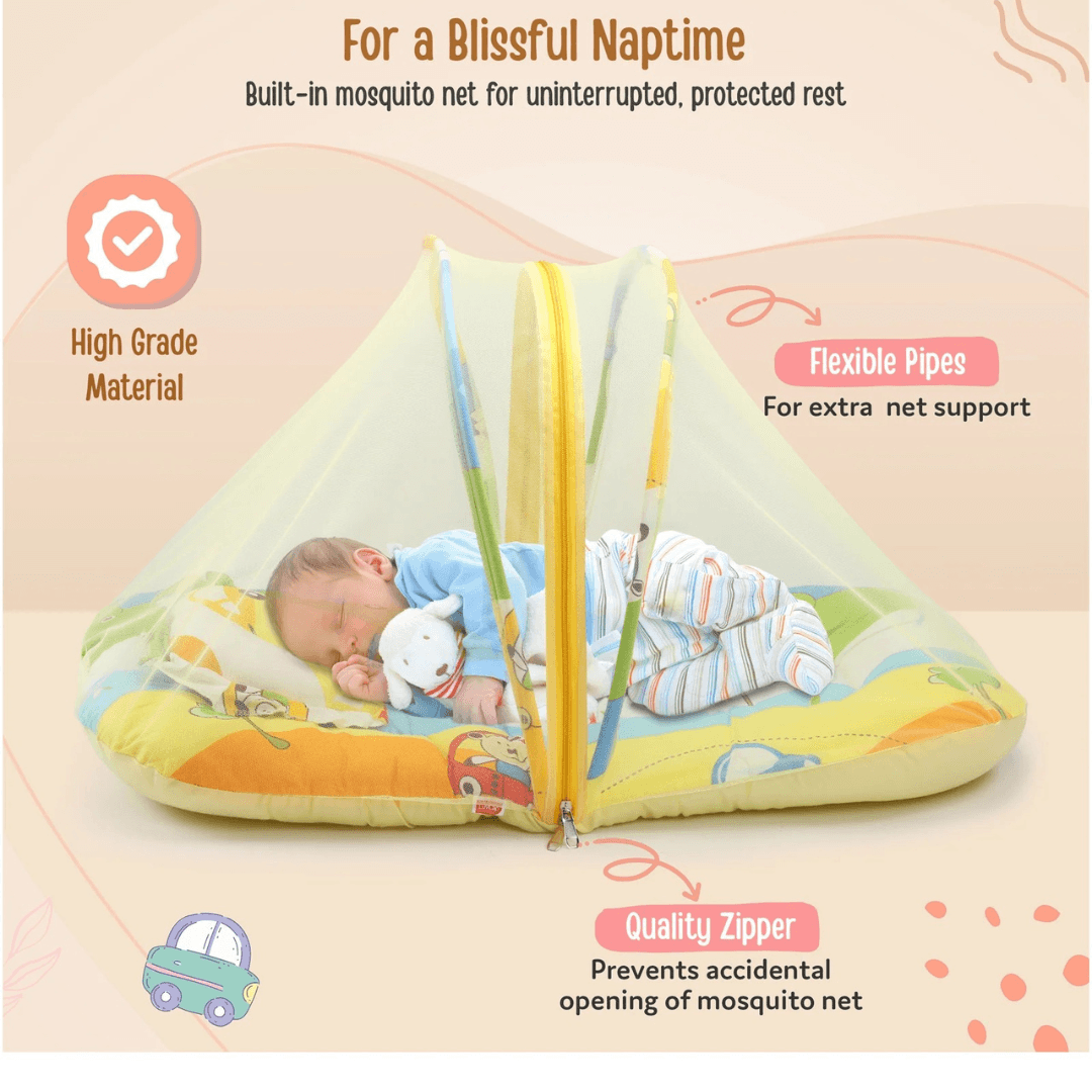 Luv Lap LuvLap Baby Mattress with Mosquito Net, Thick Base Bedding Set with Soft Pillow and Zip Closure, Suitable for Babies 6 Months+, Fun Cars Print Design, Size 75x40x40 cm Multicolor - Timbuktoon